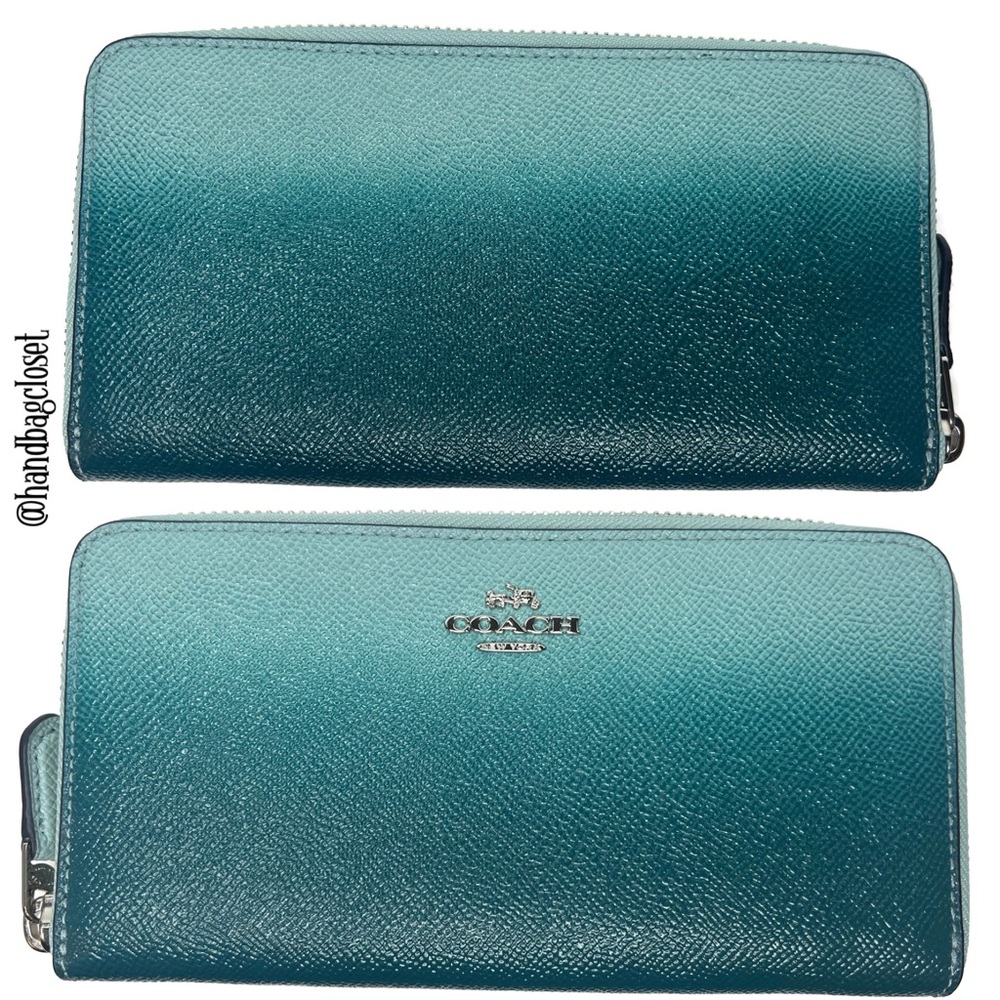 Coach Ombre Crossgrain Leather Zip Around Wallet F22808 Sea Green Teal - Picture 1 of 6